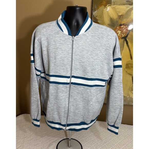 Vintage Carl Michaels Gray,Teal Striped Full Zip Lightweight Jacket Men’s Size L - Picture 1 of 16